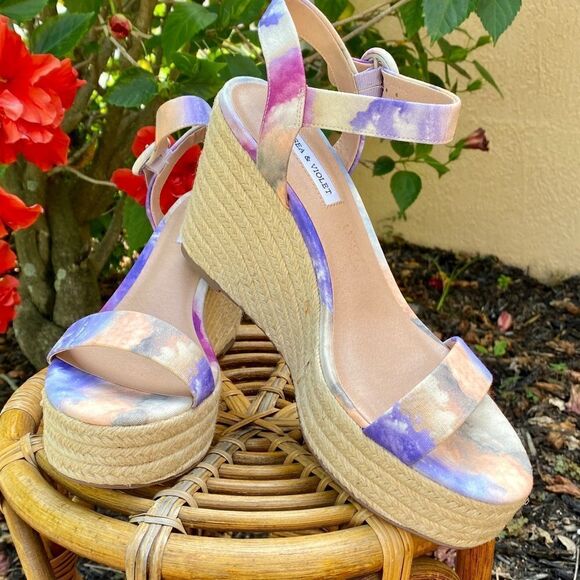 NEW CHELSEA & VIOLET CV-HENNA OPEN TOE ANKLE STRAP TIE-DYE WEDGES 9.5 - Picture 15 of 16